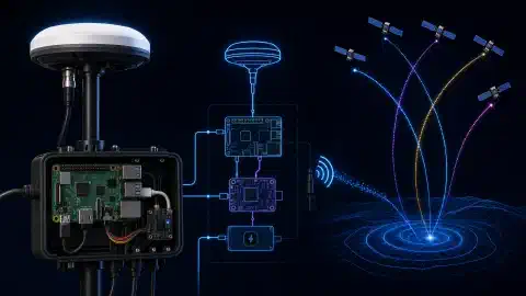 An illustration of a DIY RTKDirect reference station, featuring a Raspberry Pi and GNSS antenna against a dark background. Satellite signals and circuit elements are depicted in vibrant colors.