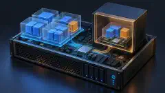 Isometric home server illustration showing nested workload boxes and a separate virtual machine compartment connected to shared hardware