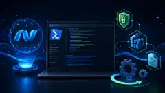 An illustration of a computer screen displaying a PowerShell script interface, surrounded by abstract icons symbolizing security and configuration, all against a dark background with vibrant colors.