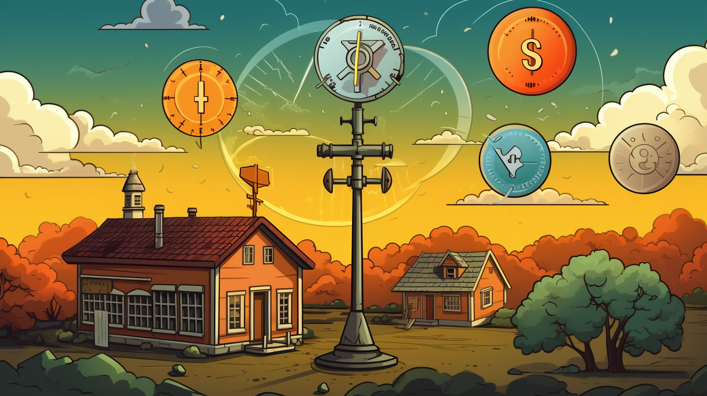 A symbolic cartoon illustration showcasing WeatherXM and FrysCrypto logos, a weather station, and cryptocurrency symbols.