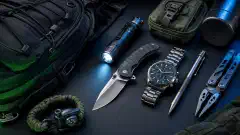 An arrangement of essential everyday carry items including a folding knife, flashlight, wristwatch, and pen, set against a dark background with vibrant accents. Additional tools like a tactical backpack are also visible.