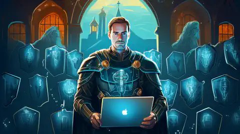 A shield-wielding hero guarding interconnected devices from cyber threats.