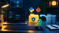 A beginner practice workspace with terminal, Python and Git symbols, a checked lab folder, and a reset archive