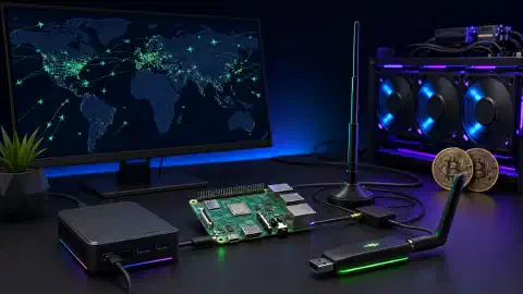 An illustration of a Raspberry Pi 4B with an AirNav Radarbox Flightstick and SIGNALPLUS 1090MHz ADS-B Antenna on a desk, set against a dark background with vibrant colors.