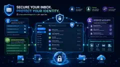 An illustration showing a secure email environment with a central inbox surrounded by visual elements representing email security strategies like aliasing and subaddressing, on a dark background.