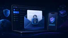 A digital illustration of an email interface on a dark background, featuring a padlock symbol and a smartphone showing a verification code, emphasizing security and encryption.