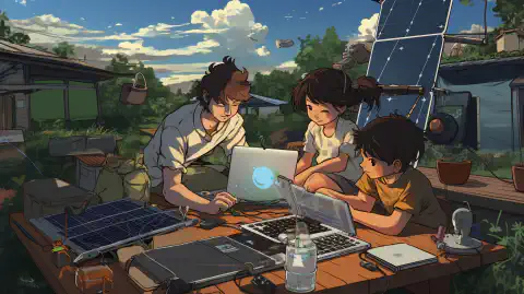 A cartoon illustration depicting a family using solar-powered gadgets for emergency preparedness.