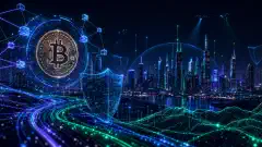 A futuristic city skyline at night, featuring abstract digital data streams and blockchain motifs, showcasing vibrant colors against a dark background, representing Bitcoin's role in cybersecurity.