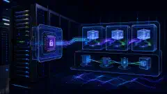 A digital illustration of a virtual machine environment with a modern server rack and glowing virtual elements symbolizing vTPM security. The background is dark, and vibrant colors highlight the technology.