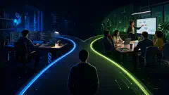 An illustration showing a split pathway: one side features a developer coding at a desk, while the other side shows an engineering manager in a meeting with a team. The background is dark.