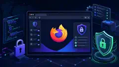 An illustration of a computer screen showing the Firefox browser interface, surrounded by floating elements representing security configurations, all set against a dark background with vibrant colors.