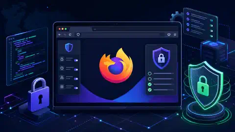 An illustration of a computer screen showing the Firefox browser interface, surrounded by floating elements representing security configurations, all set against a dark background with vibrant colors.