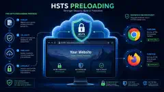An illustration of a computer screen displaying a secure website with HTTPS connections, surrounded by abstract representations of browsers, all set against a dark navy background.