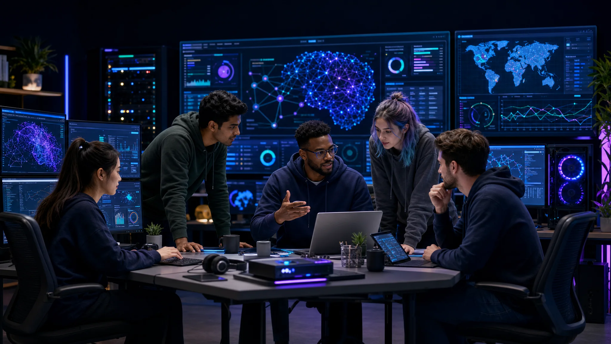A diverse group of young IT professionals collaborating in a futuristic workspace, surrounded by screens showing AI analytics and a virtual homelab interface against a dark background.
