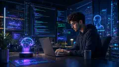 A young software developer sits at a sleek desk with a laptop, surrounded by glowing holographic coding elements in vibrant colors, depicting a modern tech workspace.