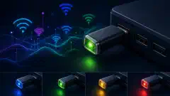 An illustration of a small device resembling the ESP32 WiFi Canary, plugged into a USB port, with an RGB LED glowing in various colors against a dark background, symbolizing its threat detection capabilities.