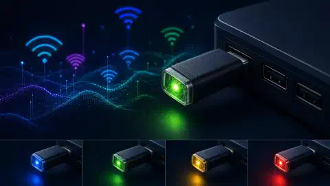 An illustration of a small device resembling the ESP32 WiFi Canary, plugged into a USB port, with an RGB LED glowing in various colors against a dark background, symbolizing its threat detection capabilities.