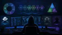 An illustration of a hacker's workstation featuring multiple screens with cybersecurity data and diagrams, all set against a dark background with vibrant colors.