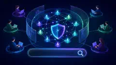 An abstract digital illustration of a decentralized network, with interconnected nodes representing user contributions, set against a deep navy background with vibrant blue, green, and purple accents.