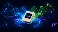 An illustration of a small M5Stack Atom Lite device with colorful waves of signals around it, all set against a deep navy background, representing Bluetooth and WiFi surveillance detection.