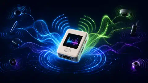 An illustration of a small M5Stack Atom Lite device with colorful waves of signals around it, all set against a deep navy background, representing Bluetooth and WiFi surveillance detection.