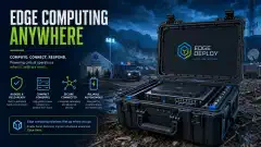 An open rugged transport case reveals organized server hardware and networking equipment inside, set against a backdrop suggesting a remote deployment area.