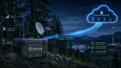 An illustration of a rugged edge computing node in an outdoor setting, surrounded by trees, with various uplink options like cellular and satellite equipment. Glowing lines represent a secure VPN tunnel to a digital cloud.