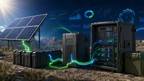 An illustration of a ruggedized server setup outdoors with solar panels charging a battery bank, surrounded by digital power management graphs on a dark background.