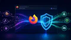 A digital illustration of a modern computer interface with the Firefox browser, featuring visual elements like a glowing shield and icons for privacy tools against a dark background.