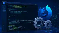 An illustration of a computer screen displaying PowerShell code for Firefox STIG compliance, with gear icons and a stylized Firefox logo, set against a deep navy background.