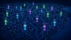 An interactive map displaying colorful markers indicating locations of Flock Safety ALPR cameras, with abstract WiFi signals emanating from the markers over a dark background.