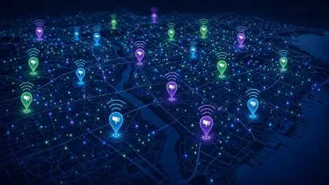 An interactive map displaying colorful markers indicating locations of Flock Safety ALPR cameras, with abstract WiFi signals emanating from the markers over a dark background.