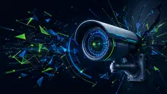 A high-tech surveillance camera is depicted with bright blue and green highlights against a dark background. Abstract shapes and lines surround it, representing digital security vulnerabilities.