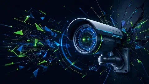 A high-tech surveillance camera is depicted with bright blue and green highlights against a dark background. Abstract shapes and lines surround it, representing digital security vulnerabilities.