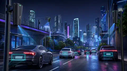 An illustration of a futuristic city with various Flock Safety ALPR cameras mounted on poles and buildings, capturing vehicles passing through. The scene features a dark background with bright, vibrant colors.