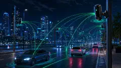 A night cityscape featuring Flock Safety cameras on poles capturing images of passing vehicles. Glowing data streams connect the cameras to the cars, emphasizing a network of surveillance.