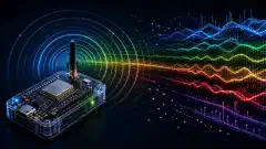 An illustration showing an ESP32-based device in the foreground, scanning WiFi signals. Colorful waves represent different signal strengths, set against a dark background.