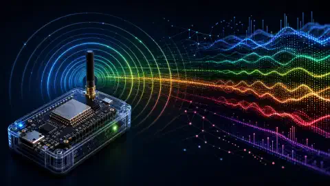 An illustration showing an ESP32-based device in the foreground, scanning WiFi signals. Colorful waves represent different signal strengths, set against a dark background.