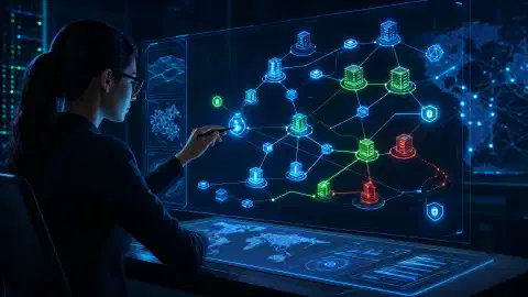 A cybersecurity expert interacts with a holographic interface displaying complex network diagrams and data points, emphasizing access control and redundancy in a dark, vibrant environment.