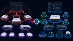 An illustration showing two network security architectures. On the left, Fortinet's components like FortiGate firewalls and FortiSwitch are interconnected. On the right, Cisco's solutions like Secure Firewall and Catalyst switches are depicted, all against a dark background.