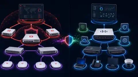 An illustration showing two network security architectures. On the left, Fortinet's components like FortiGate firewalls and FortiSwitch are interconnected. On the right, Cisco's solutions like Secure Firewall and Catalyst switches are depicted, all against a dark background.
