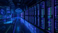 A futuristic data center filled with rows of glowing server racks and holographic displays, set against a dark background with vibrant blue and green accents.