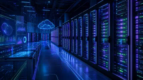 A futuristic data center filled with rows of glowing server racks and holographic displays, set against a dark background with vibrant blue and green accents.