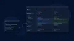 Terminal prompt connected to an editor selection and visual diff in a blue and green coding workspace