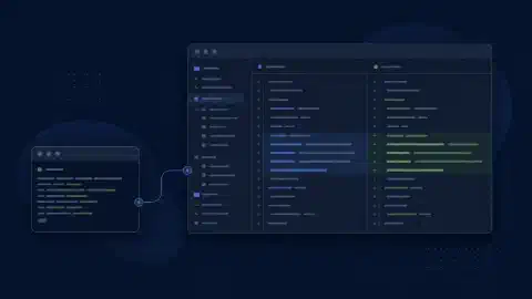 Terminal prompt connected to an editor selection and visual diff in a blue and green coding workspace