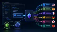 An illustration showing a code editor with snippets of translated text in vibrant colors, and arrows symbolizing translation between English and various languages, set against a dark background.