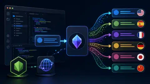 An illustration showing a code editor with snippets of translated text in vibrant colors, and arrows symbolizing translation between English and various languages, set against a dark background.