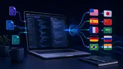 A modern workspace illustration featuring a sleek laptop with code and markdown files, surrounded by colorful floating language icons and processing elements on a dark background.