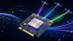 An illustration of a GNSS Mini-PCIe card angled to display its circuitry, with colorful signals radiating from it, set against a dark background. The image captures a technical and modern feel.