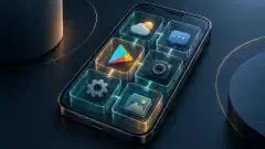 A smartphone screen holds apps in separate transparent compartments, including a colorful app-store symbol.